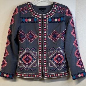 Indigo Moon XS Boho Abstract Embroidered Open Front Blazer Jacket